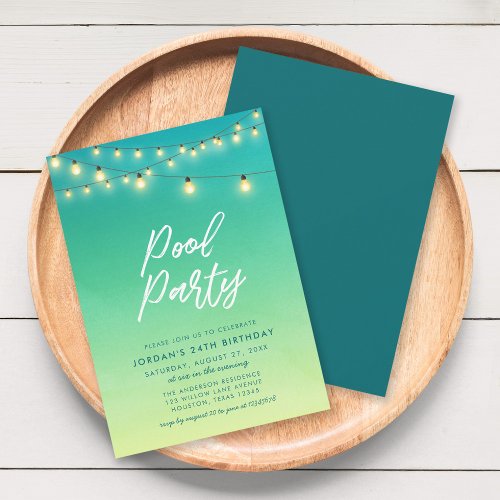 Pool Party Strings of Lights Watercolor Sea Glass Invitation
