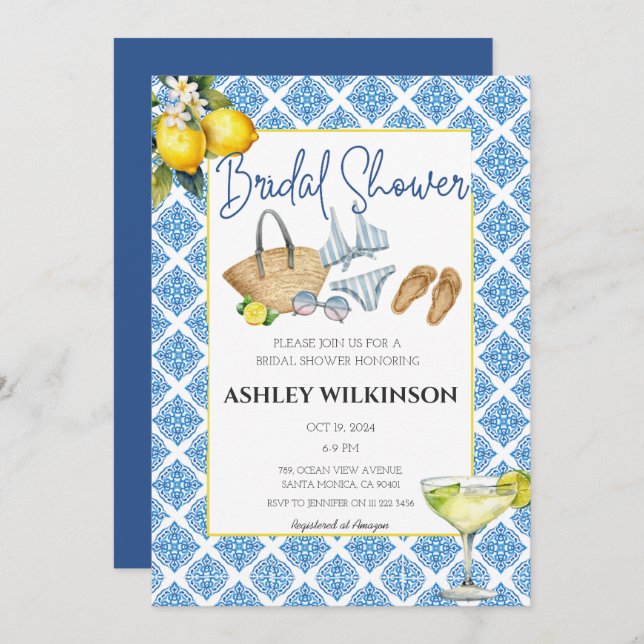 Pool Party Summer Beach Blue Tiles Bridal Shower Invitation (Front/Back)