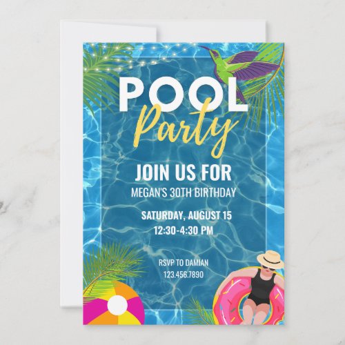 Pool Party Summer Birthday Adult Teenage Party Invitation