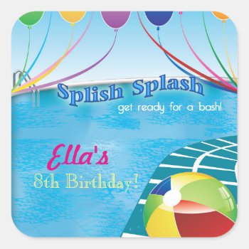 Pool Party Summer Birthday Invitation Square Sticker by ThreeFoursDesign at Zazzle