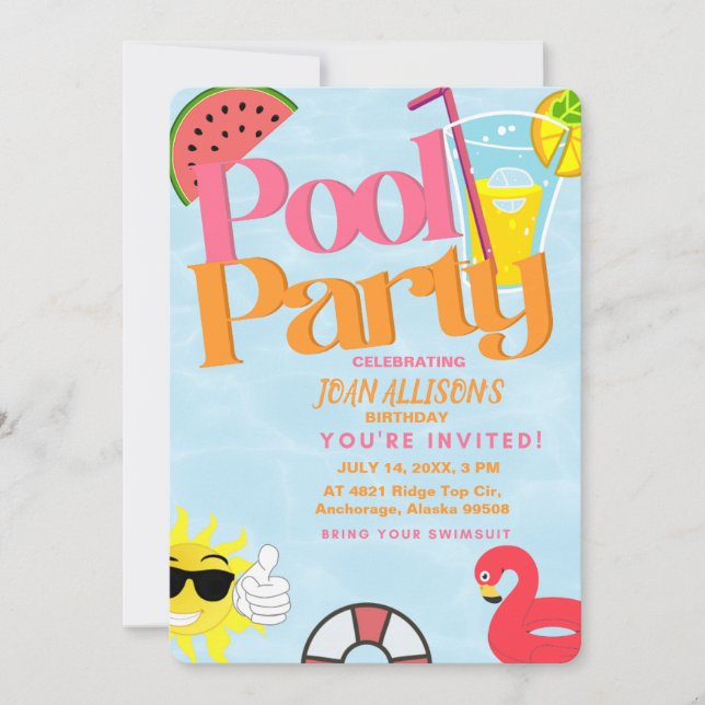   pool party summer birthday invitation watermelon (Front)