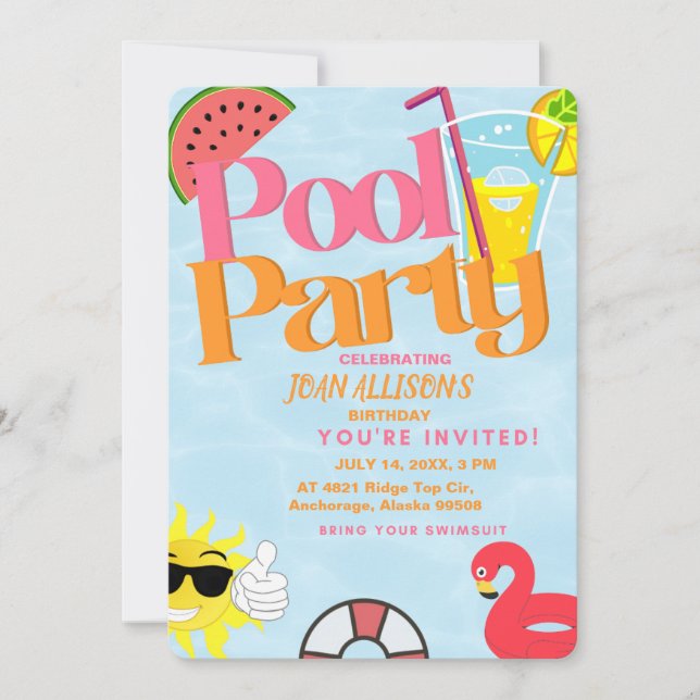   pool party summer birthday invitation watermelon (Front)