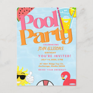   pool party summer birthday invitation watermelon postcard