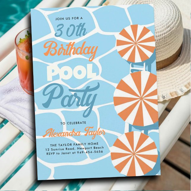 Pool Party Summer Blue Orange Umbrellas Birthday Invitation (30th birthday party ideas for women pool umbrellas orange teal blue personalized invitation summer)
