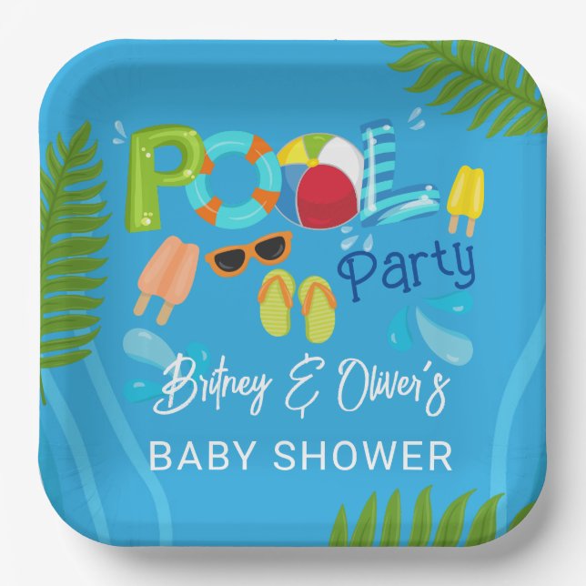 Pool Party Summer Boy Baby Shower Paper Plates (Front)