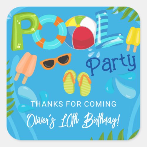 Pool Party Summer Boy Birthday Party Favor Square Sticker