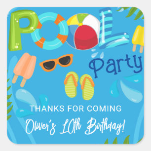 Pool Party Summer Boy Birthday Party Favor Square Sticker