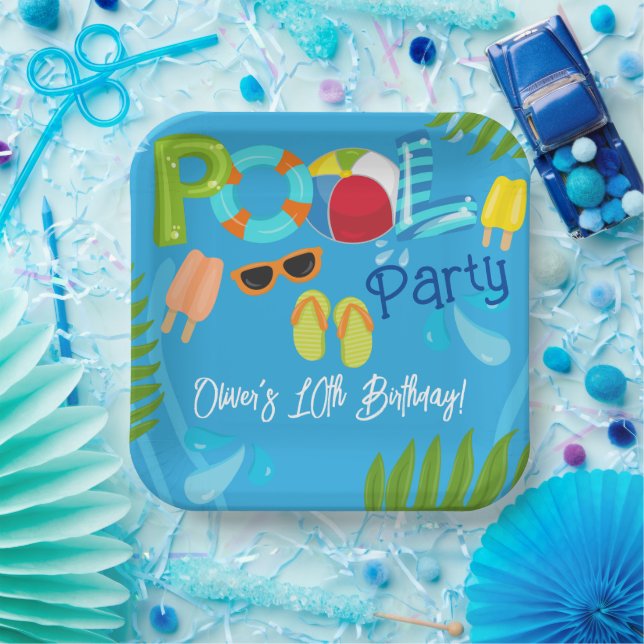 Pool Party Summer Boy Birthday Party Paper Plates (Party)