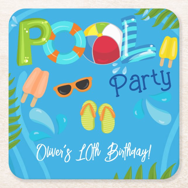 Pool Party Summer Boy Birthday Party Square Paper Coaster (Front)