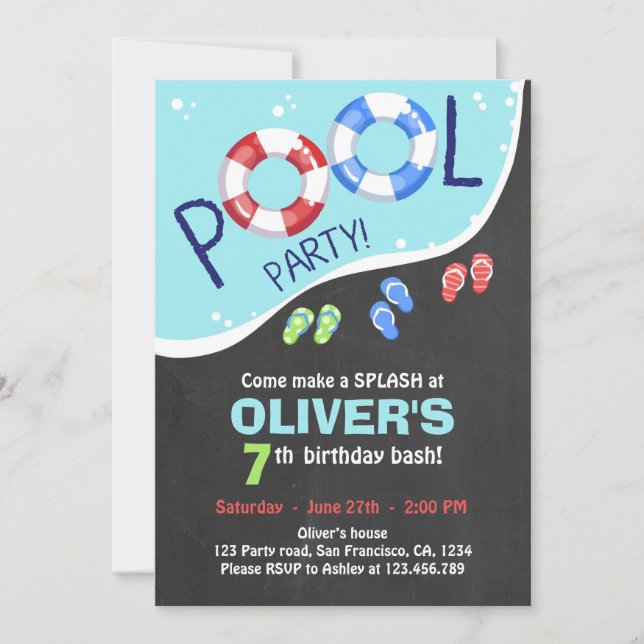 Pool Party Summer Chalkboard Birthday Invitation (Front)