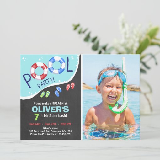 Pool Party Summer Chalkboard Birthday Invitation | Zazzle