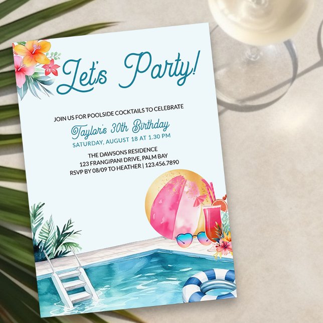 Pool Party Summer Cocktails Adult Birthday Invitation (Pool Party Adult Birthday Invitation with tropical vibe and modern lettering)