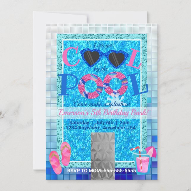 Pool Party, summer, Cool by the pool glitter Invitation (Front)
