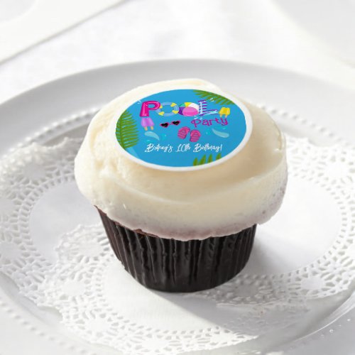 Pool Party Summer Girl Birthday Party Cupcakes Edible Frosting Rounds
