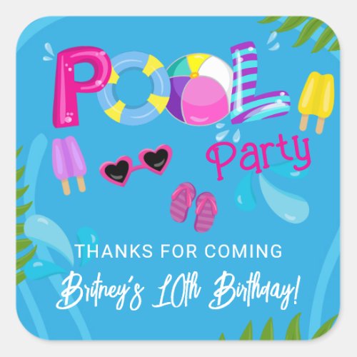 Pool Party Summer Girl Birthday Party Favor Square Sticker