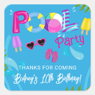 Pool Party Summer Girl Birthday Party Favor Square Sticker