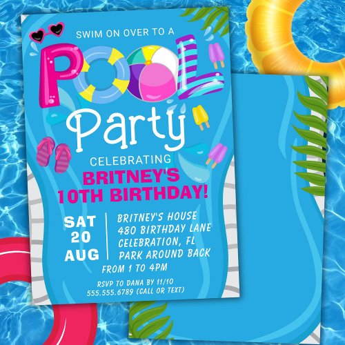 Pool Party Summer Girl Birthday Party Invitation