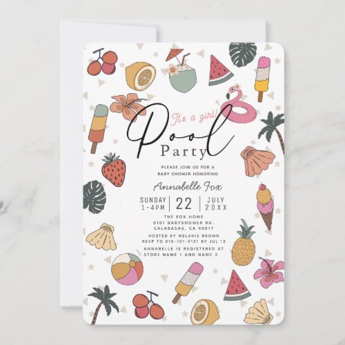 Pool Party Summer Items Girl Baby Shower Invitation