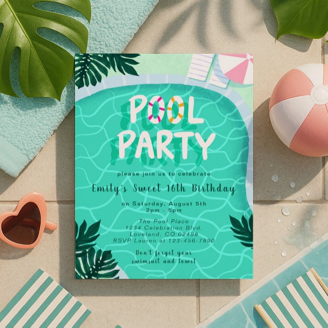 Pool Party Summer Modern Sweet Sixteen Birthday Invitation (Creator Uploaded)