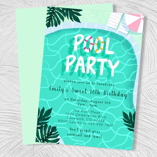 Pool Party Summer Modern Sweet Sixteen Birthday Invitation