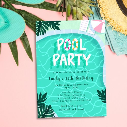 Pool Party Summer Modern Tropical Trendy Birthday Invitation