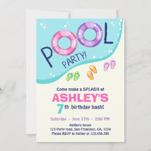 Pool Party Summer Pink Girl Birthday Invitation