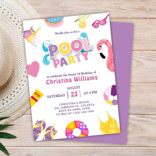 Pool Party Summer Sweet 16 Birthday  Invitation