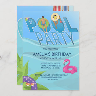 Pool Party Summer   Swimming Birthday  Invitation
