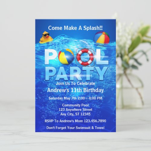 Pool Party Summer Swimming Splash Birthday Invitation