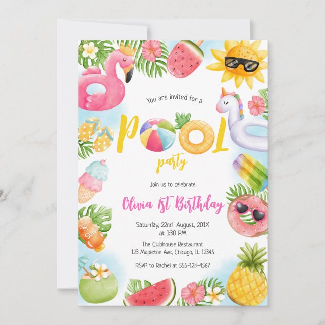 Pool Party Summer Theme Birthday Party Invitation (Front)