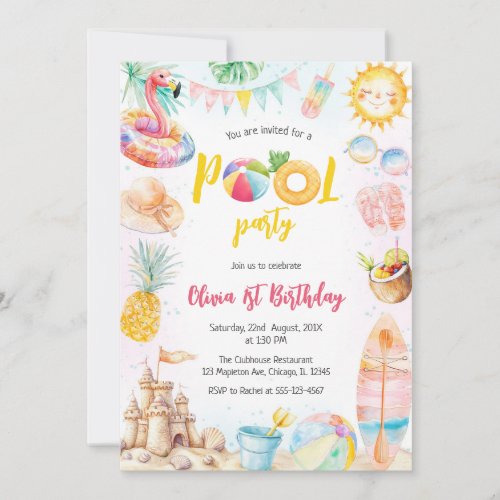 Pool Party Summer Theme Birthday Party Invitation