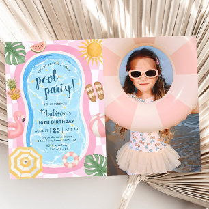 Pool Party Summer Themed Girl Birthday Photo Invitation