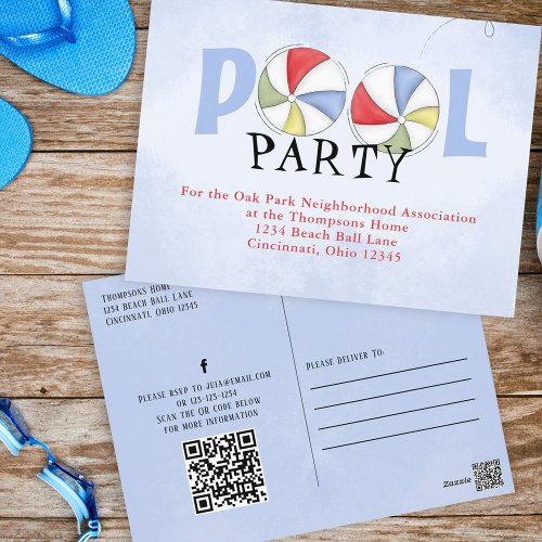 Pool Party Summer Watercolor Whimsical Invitation  Postcard