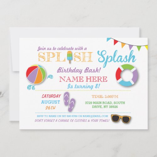 Pool Party Swimming Birthday Splish Splash Invite