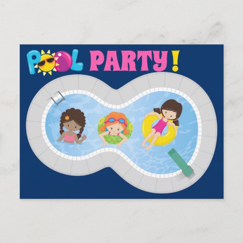 Pool Party Swimming Girls Blue Birthday Invitation Postcard