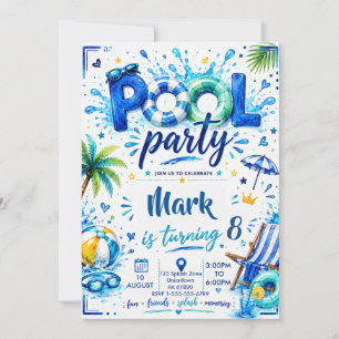 Pool Party  swimming summer Boys Birthday  Invitation