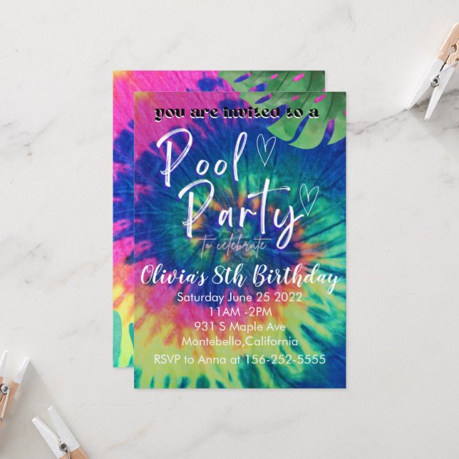 Pool Party Tie Dye Invitation Pool Birthday (Front/Back In Situ)