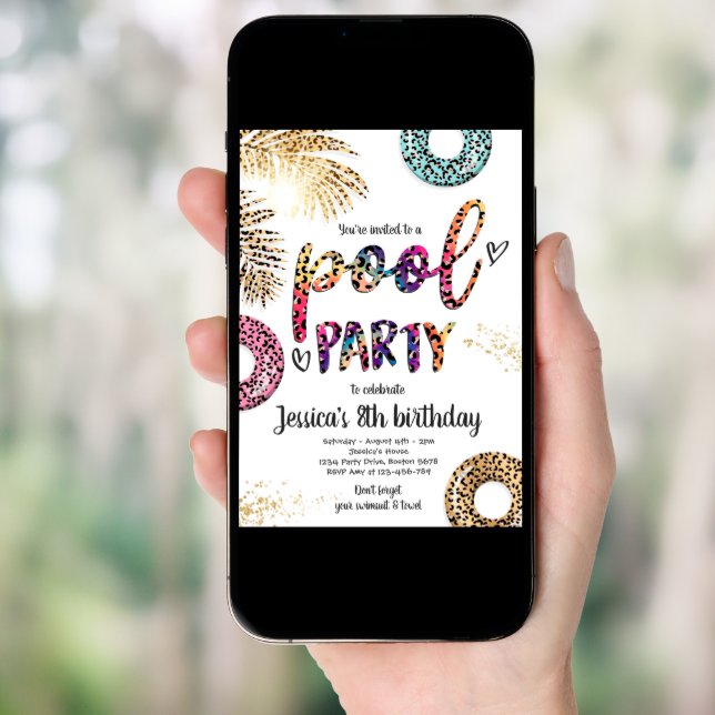 Pool Party Tie Dye Leopard Print Pool Birthday Invitation (Front Digital)