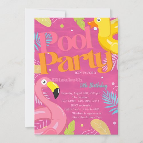 Pool Party Toys Tropical Leaves Birthday  Invitation
