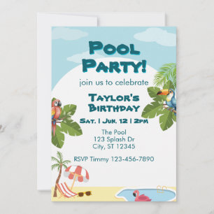 Pool Party, Tropical Birds Birthday Invitation