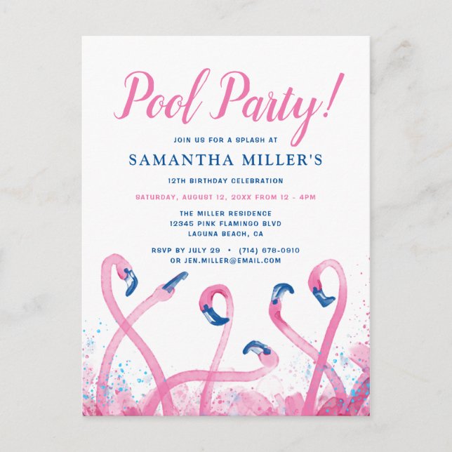 Pool Party | Tropical Blue Pink Flamingo Birthday Postcard (Front)