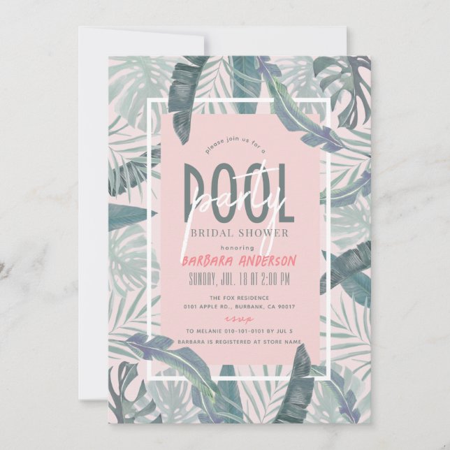 Pool Party Tropical Leaves Pink Bridal Shower Invitation (Front)