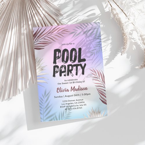 Pool Party Tropical Palm Sweet 16 Birthday Invitation