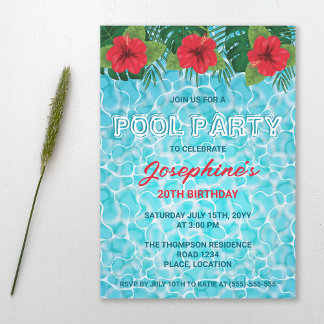 Pool Party Tropical Red Hibiscus Flowers Birthday Invitation
