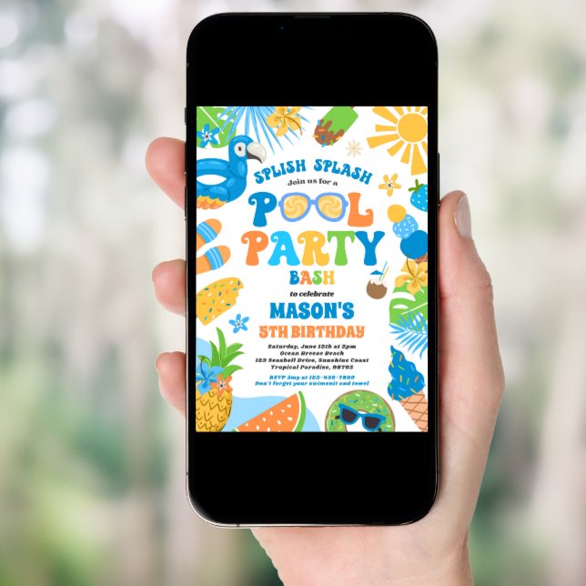 Pool Party Tropical Summer Pool Birthday Party Invitation (Front Digital)