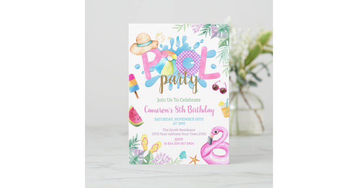 Pool Party Tropical Summer Pool Birthday Party Invitation | Zazzle