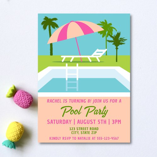 Pool Party Tropical Swimming Pool Girls Birthday Invitation