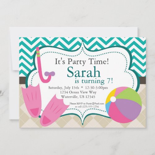 Pool Party Turquiose Chevron and Tan Argyle Invite