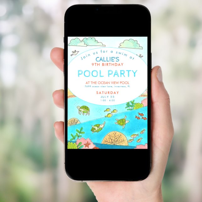 Pool Party Turtles Summer Birthday Invitation (Front Digital)