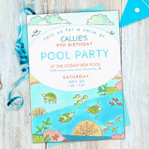 Pool Party Turtles Summer Birthday Invitation